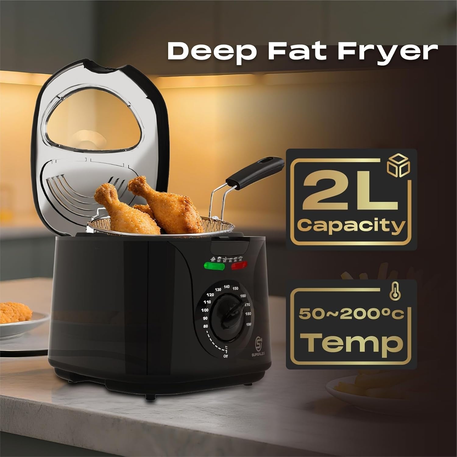Electric Deep Fat Fryer 2L Mini 1300W Adjustable Temp Viewing Window Black