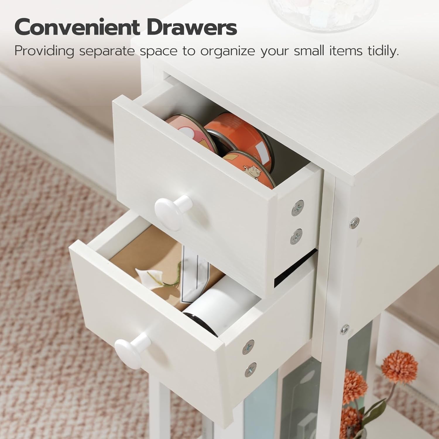 Set of 2 Slim White Bedside Tables with Drawer & Shelf – Narrow Tall Side Tables
