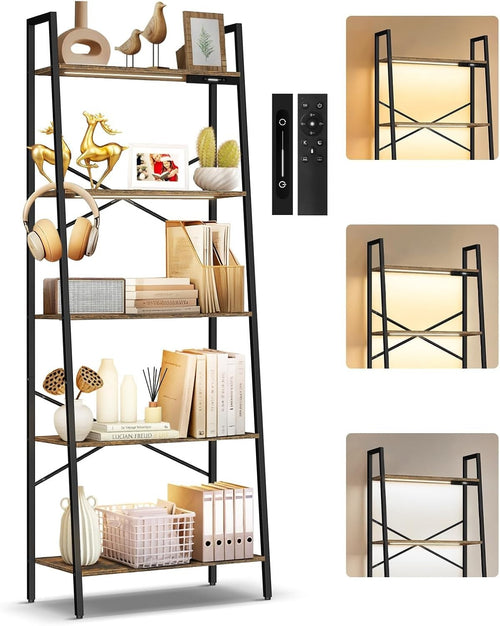 5 Tier Ladder Shelf LED Lights Dimmable Tall Bookcase Corner Unit