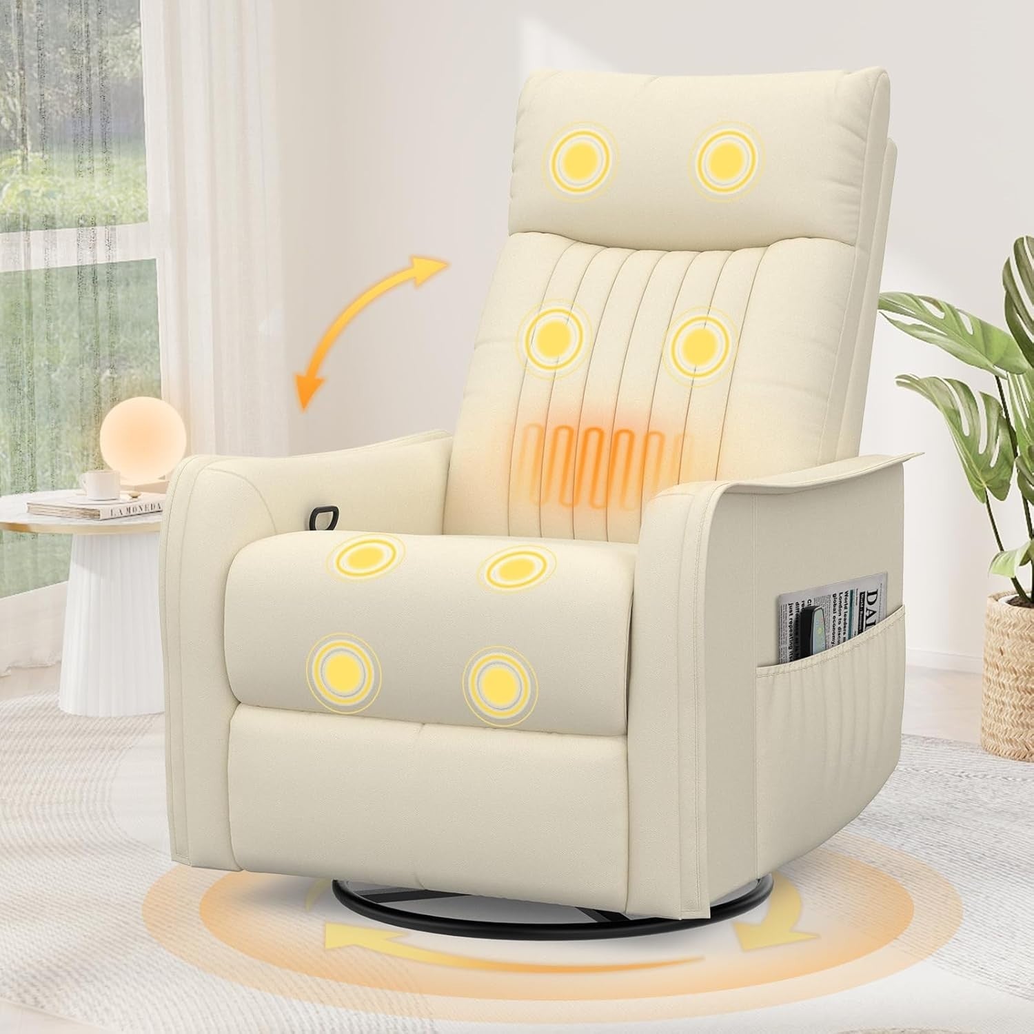Swivel Rocking Recliner Chair Massage Heat 3-in-1 Footrest Dual Pockets Cream