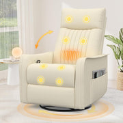 Swivel Rocking Recliner Chair Massage Heat 3-in-1 Footrest Dual Pockets Cream