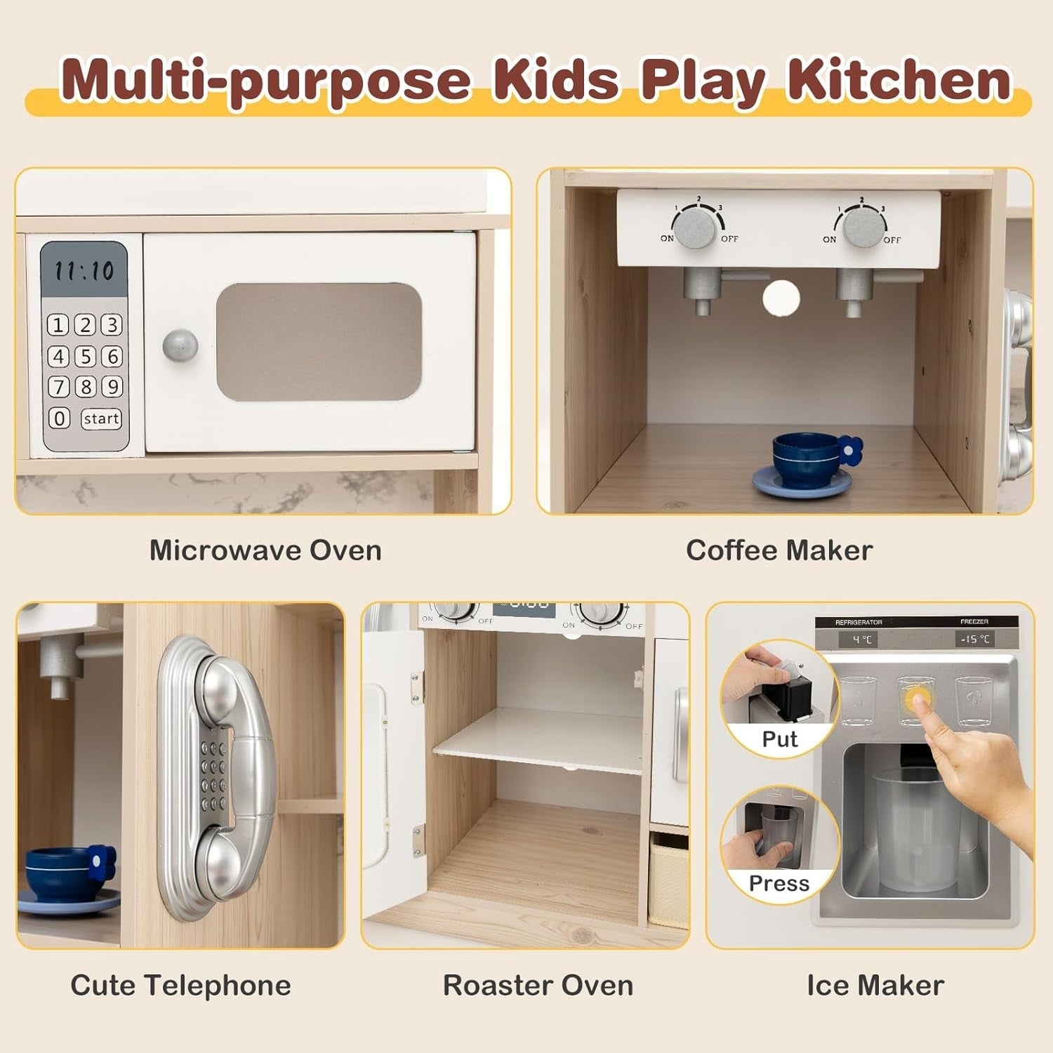 Kids Wooden Play Kitchen LED Lights Coffee Maker Accessories Set