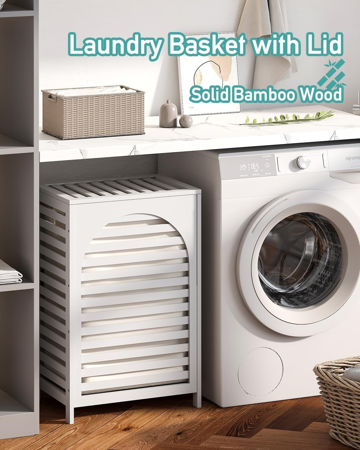 White Bamboo Laundry Hamper 85L with Lid & Removable Liner | Ventilated Clothes