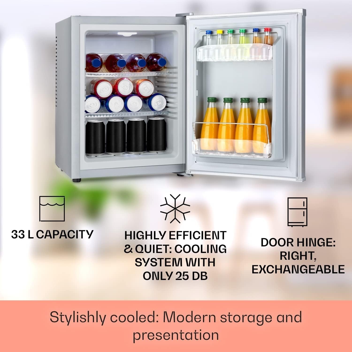 33L Mini Fridge Silver Portable Cooler and Drinks Fridge Adjustable Shelves