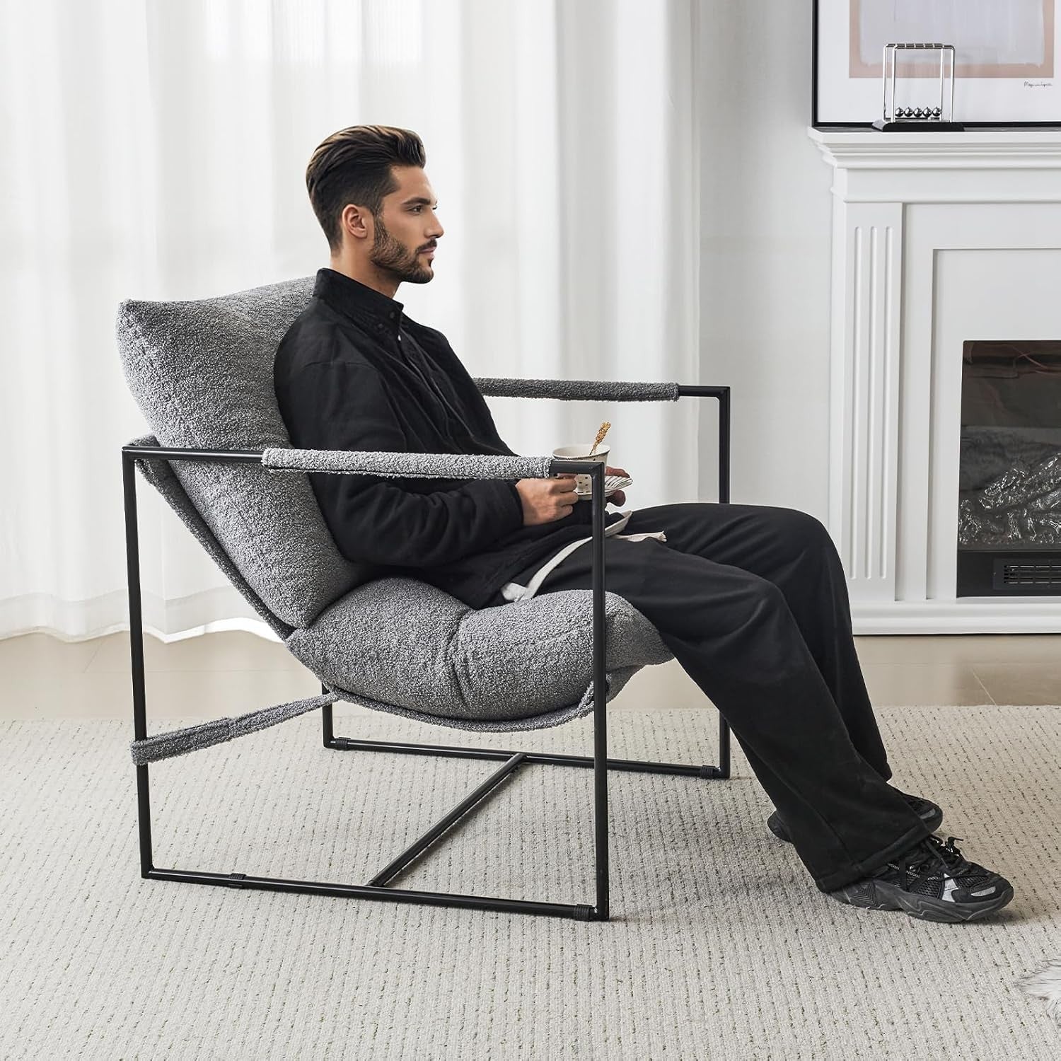 Grey Modern Lounge Sling Chair Boucle Fabric Metal Frame
