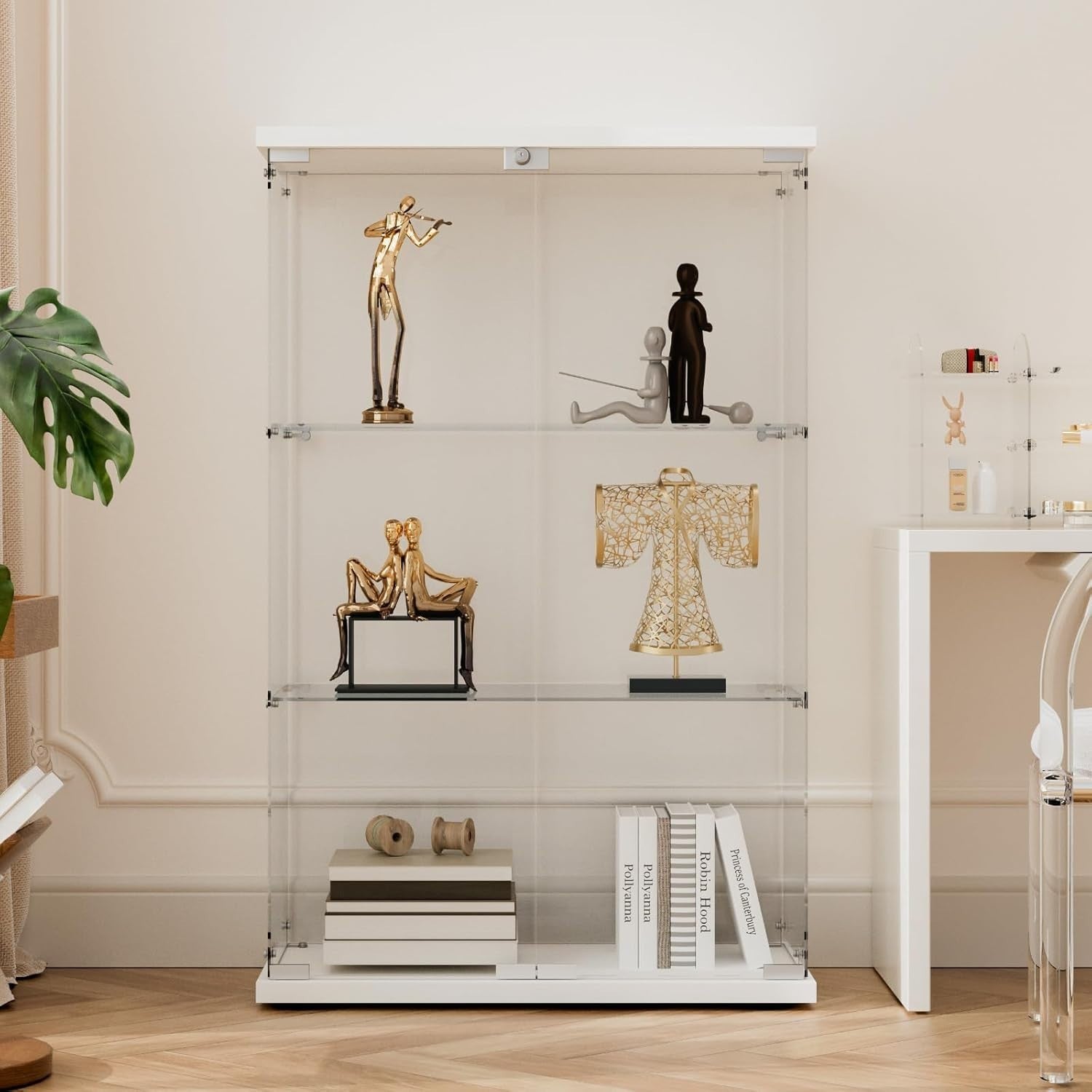 Glass Display Cabinet 49” Double Door Storage with Wood Floor Shelf