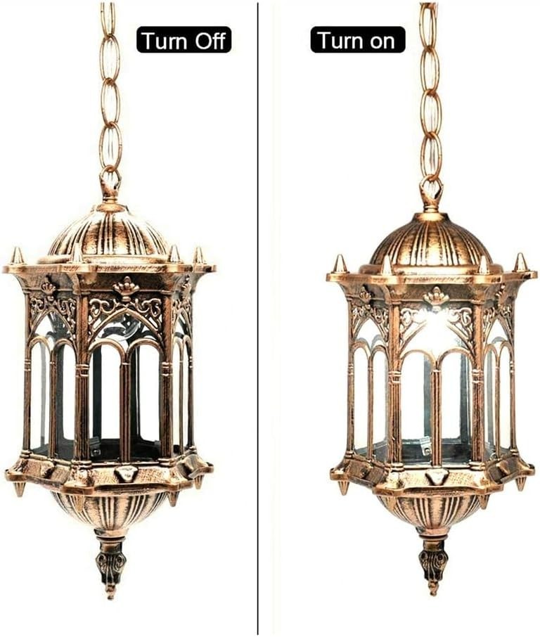 Vintage Outdoor Hanging Lantern, Antique Gold Waterproof Porch Light