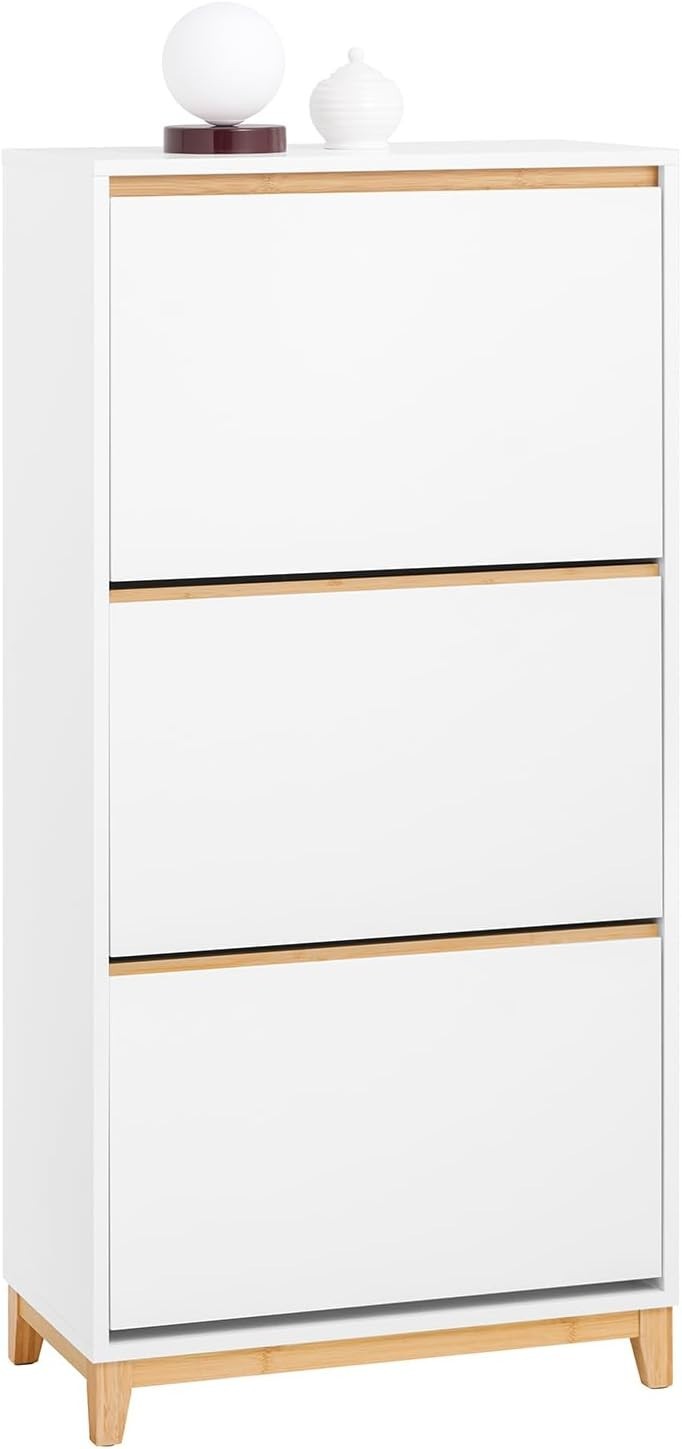 White Slim Shoe Cabinet with 3 Flip Drawers Narrow Hallway Storage 60x34x122cm