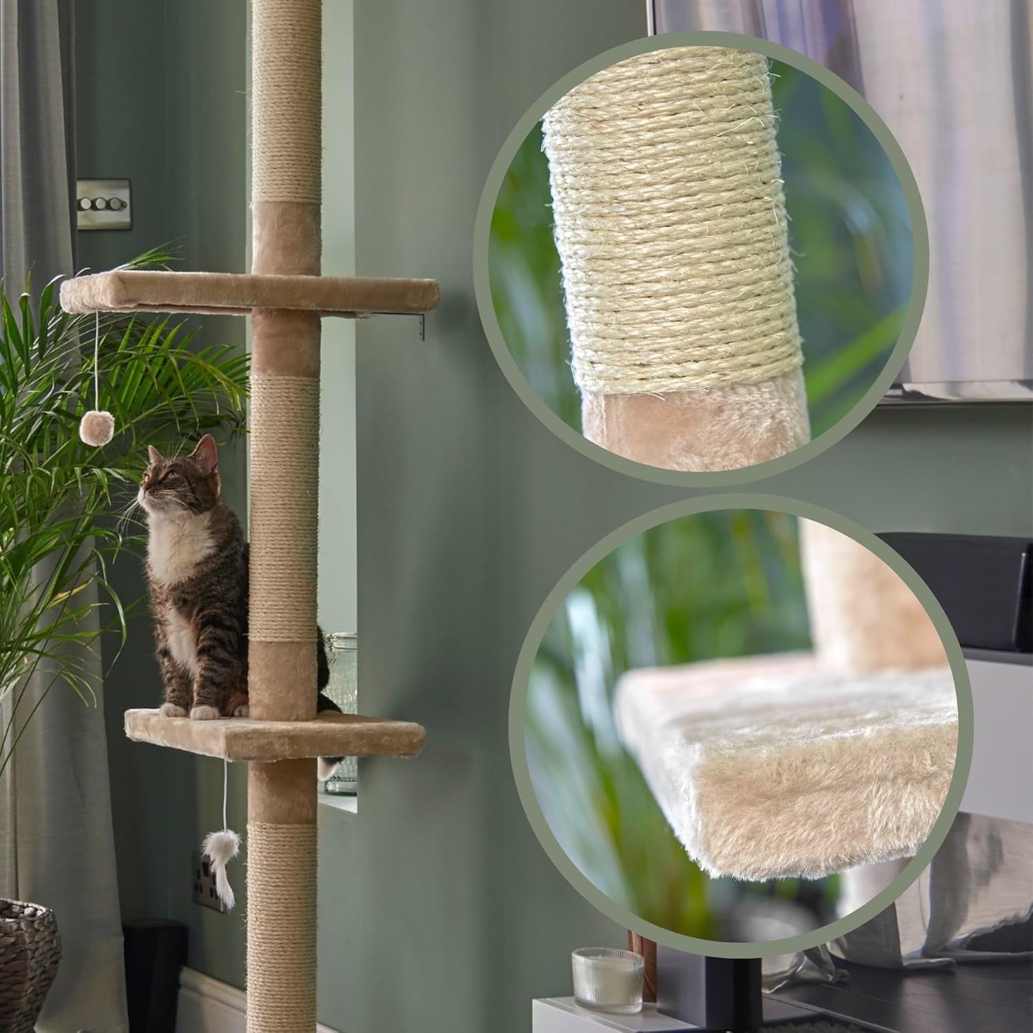 Floor to Ceiling Cat Tree Adjustable 236–278cm Tall Scratching Climbing Tower