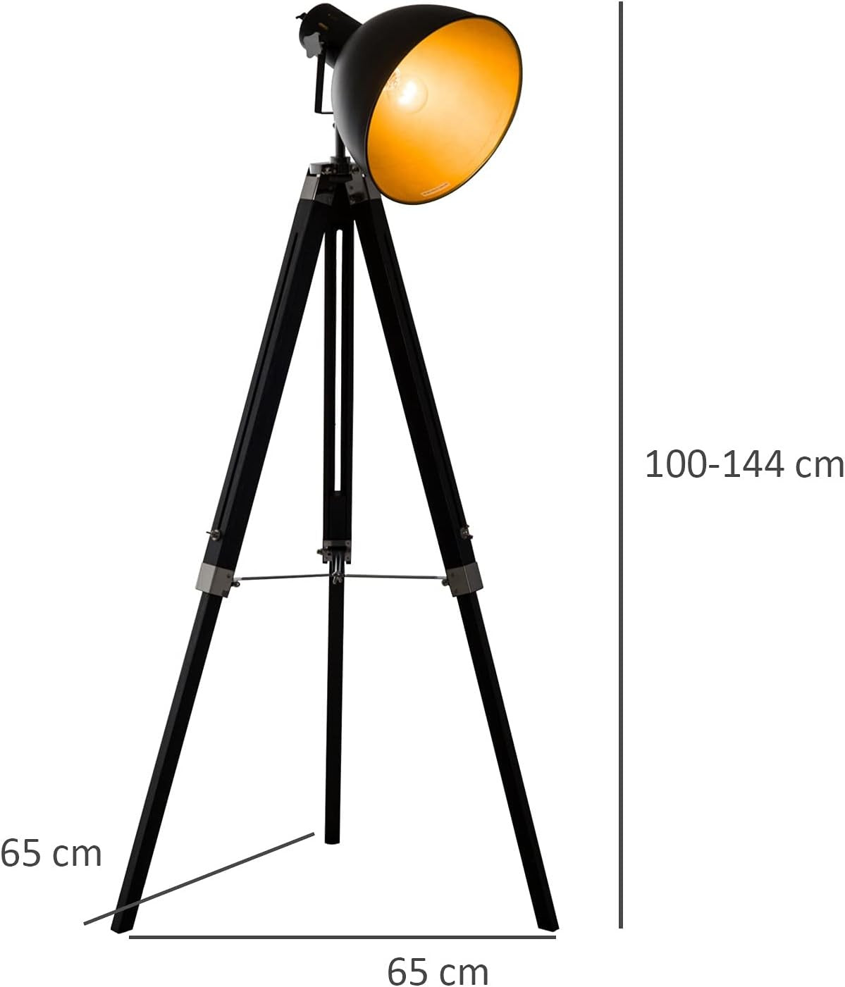Industrial Tripod Floor Lamp Adjustable Height Spotlight Wood Legs Black Gold
