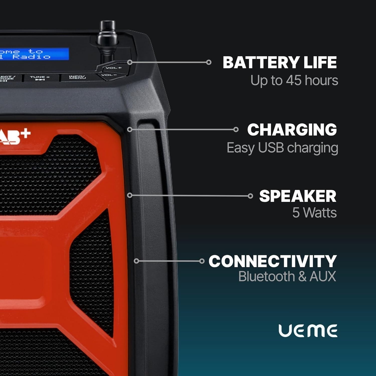 Rugged DAB+ FM Site Radio Bluetooth 6000mAh USB Rechargeable Red