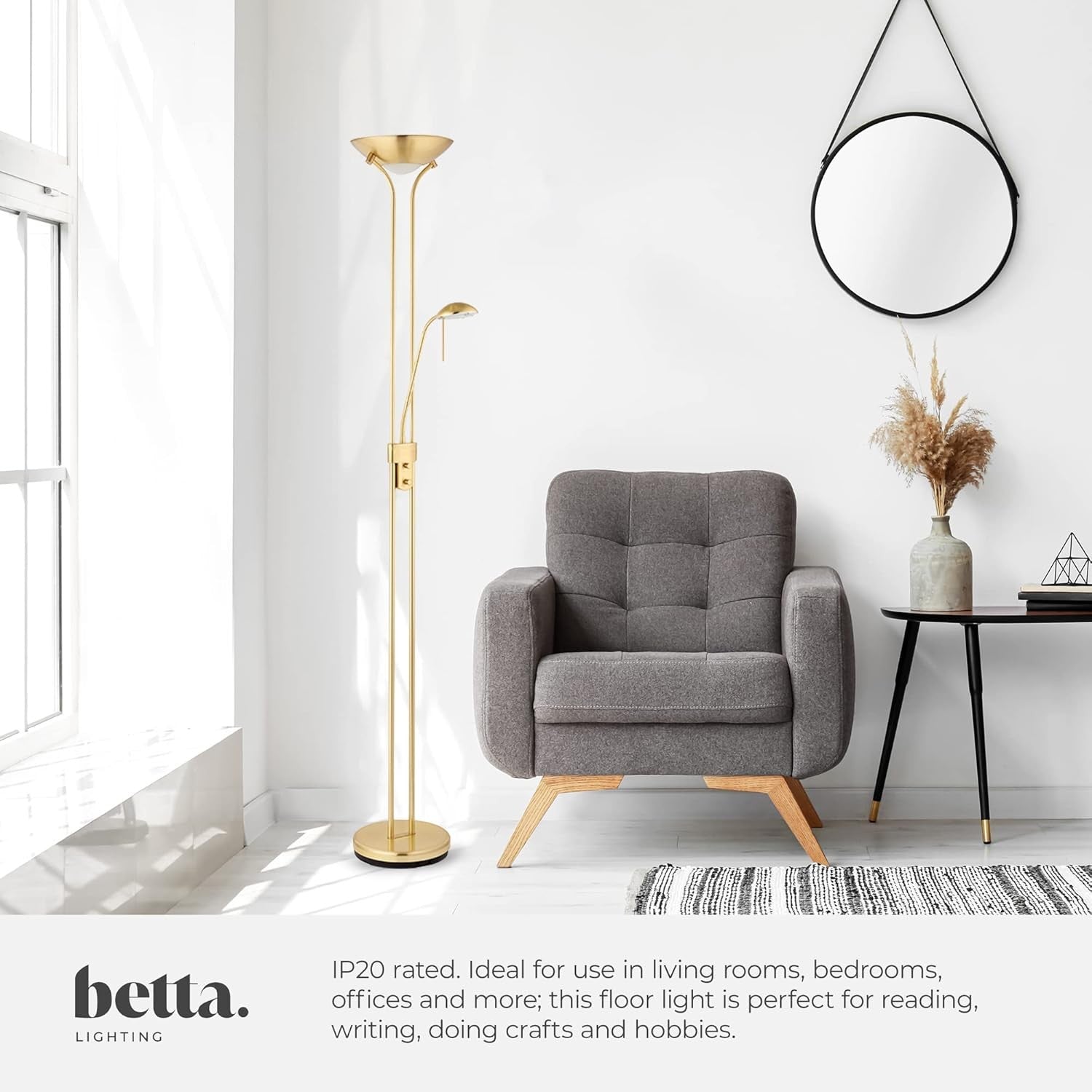Mother Child Floor Lamp Uplighter Reading Light Satin Brass Dimmable
