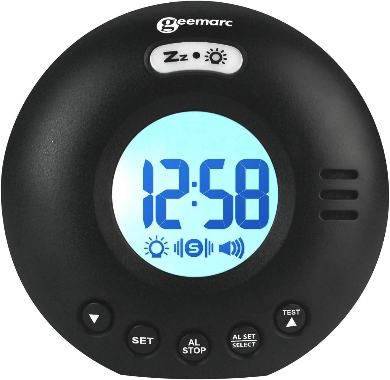 Black Vibrating Travel Alarm Clock Loud 75dB Flashing Light Snooze