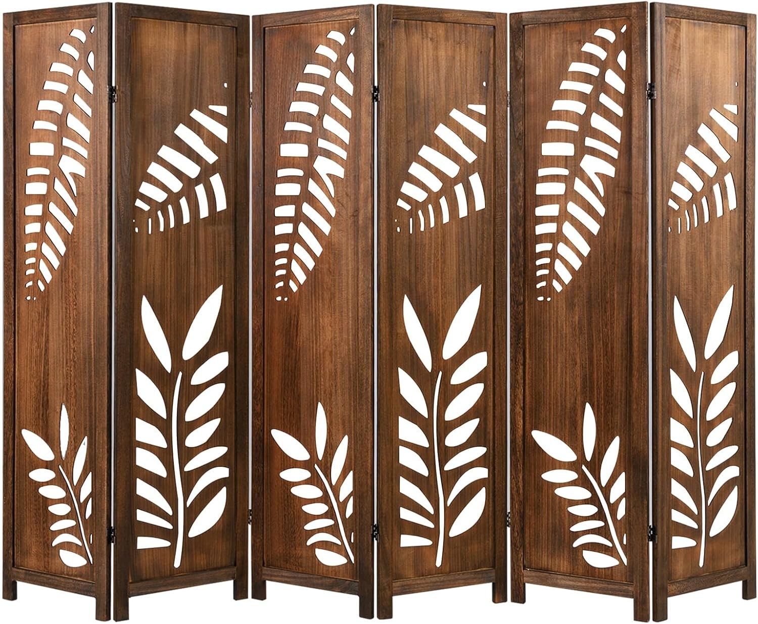 6 Panel Brown Carved Wood Room Divider Leaf Design Folding Privacy Screen