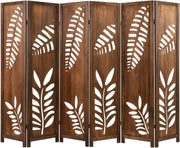 6 Panel Brown Carved Wood Room Divider Leaf Design Folding Privacy Screen