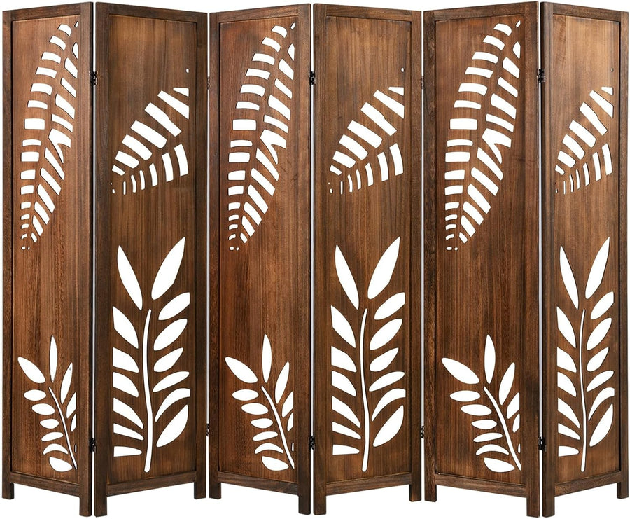 6 Panel Brown Carved Wood Room Divider Leaf Design Folding Privacy Screen