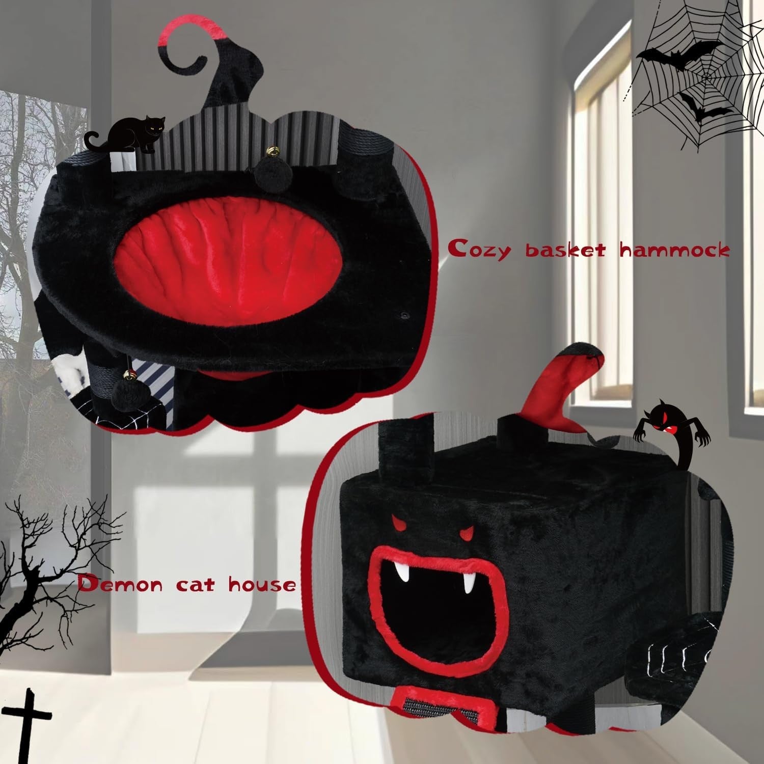 Gothic Cat Tree Tower 120cm with Condo Coffin Bed Scratching Posts Ramp