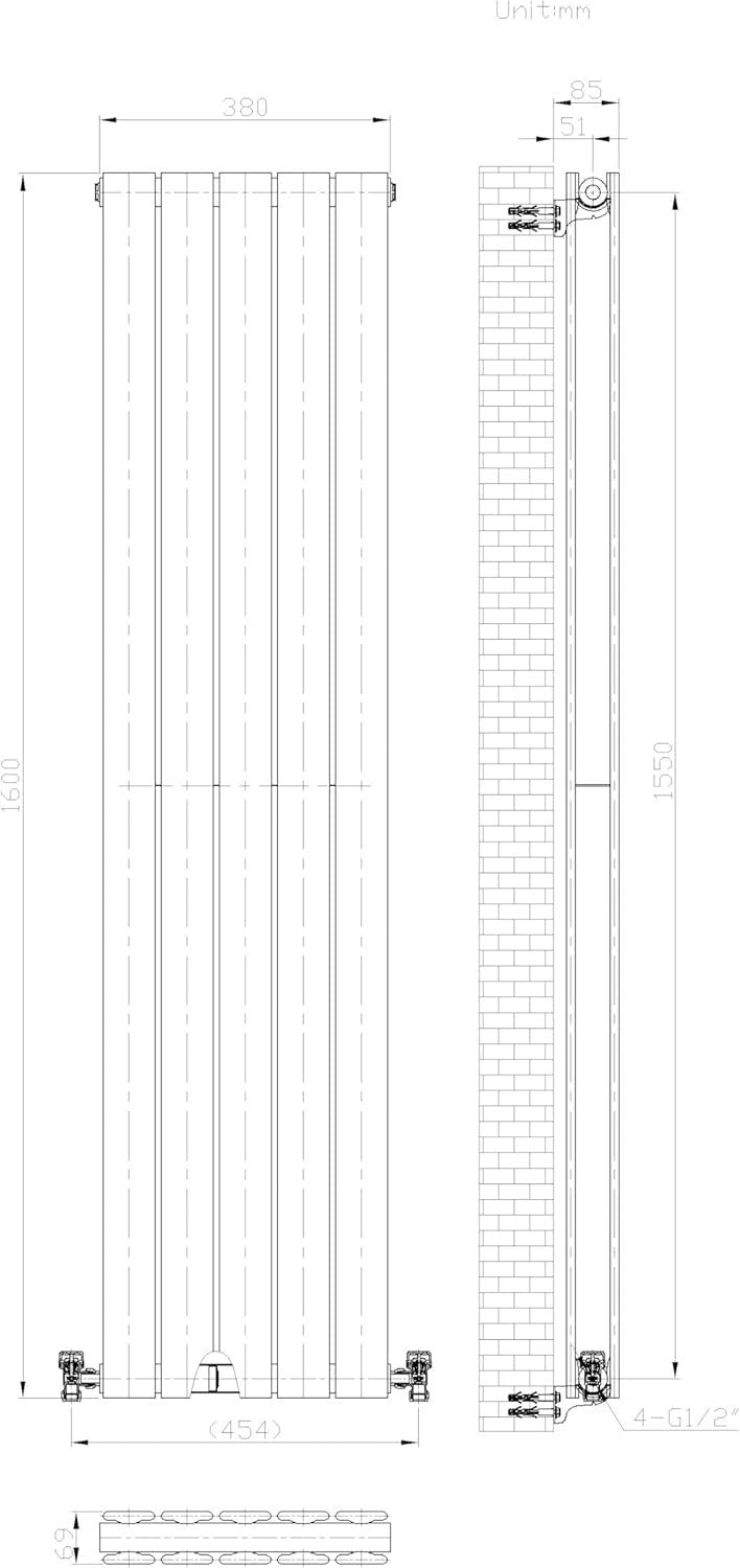 Tall Anthracite Vertical Radiator Slim Double Panel 1600x380mm Bathroom