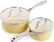 2Pcs Yellow Ceramic Saucepan Set Non Stick 14cm 18cm With Lids Induction Safe