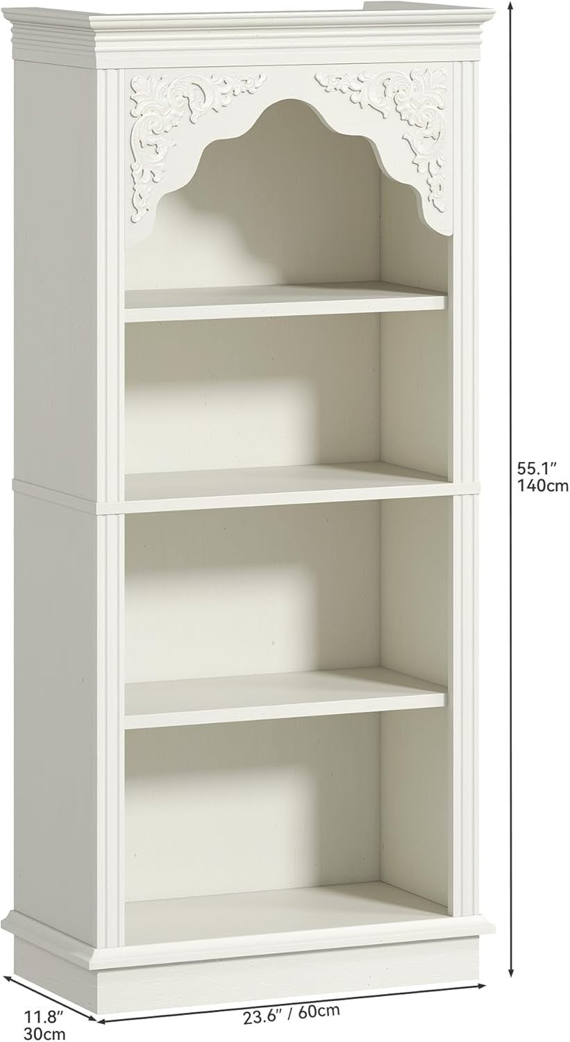 4-Tier White Upright Bookcase with Carved Design | Adjustable Shelves 140cm
