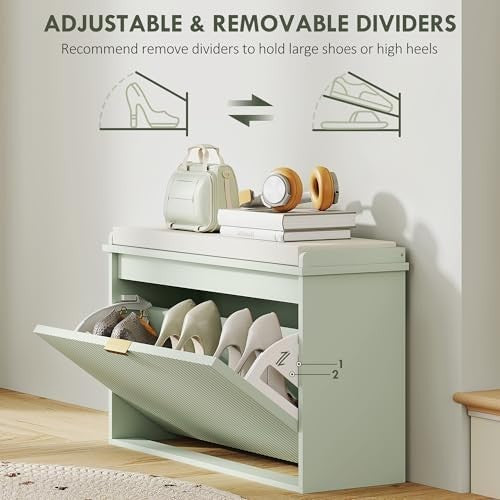 Green Shoe Storage Bench with Cushion & Flip Drawer – Modern Hallway Unit