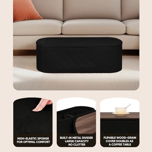 Black Oval Storage Ottoman Bench 3-in-1 Footrest Seat 110x38x38cm