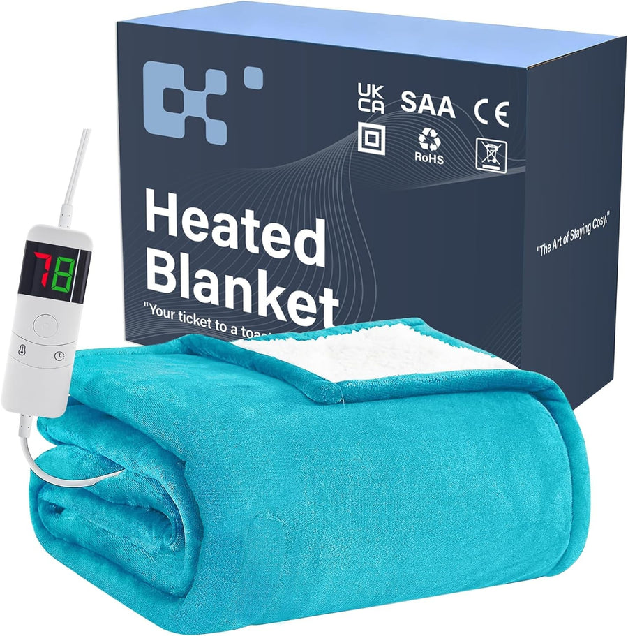 Electric Heated Throw Blanket Teal Soft Fleece 10 Heat Levels Timer 130x160cm