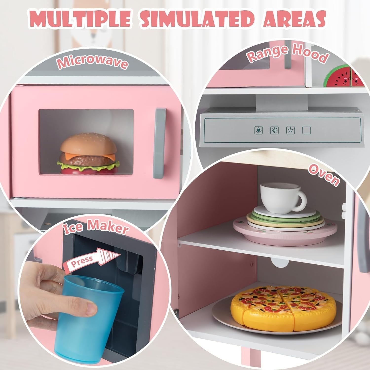 Wooden Kids Play Kitchen Light Pink Toy Set Oven Microwave Sound
