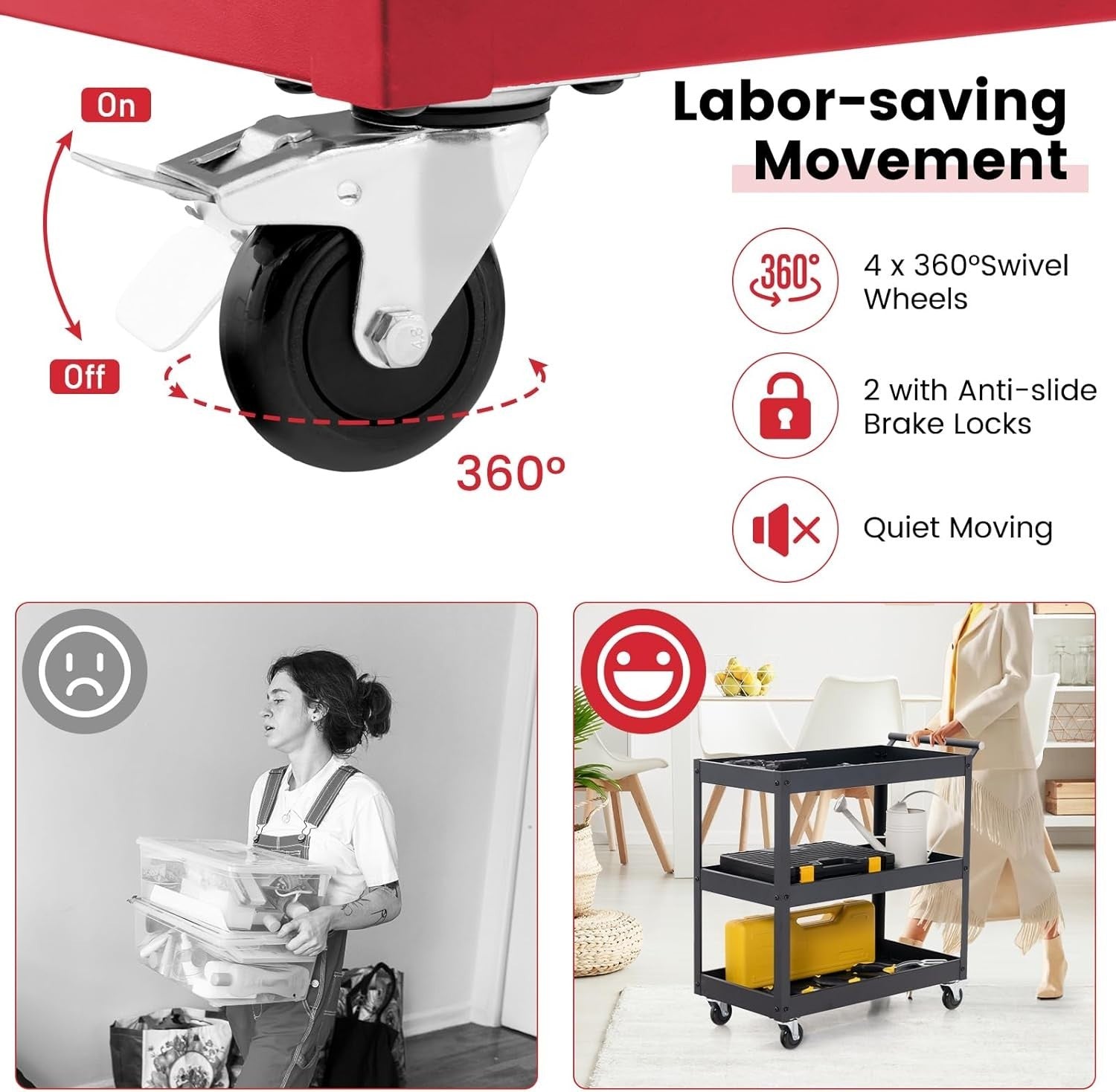 3 Tier Heavy Duty Tool Trolley Rolling Utility Storage Cart Red