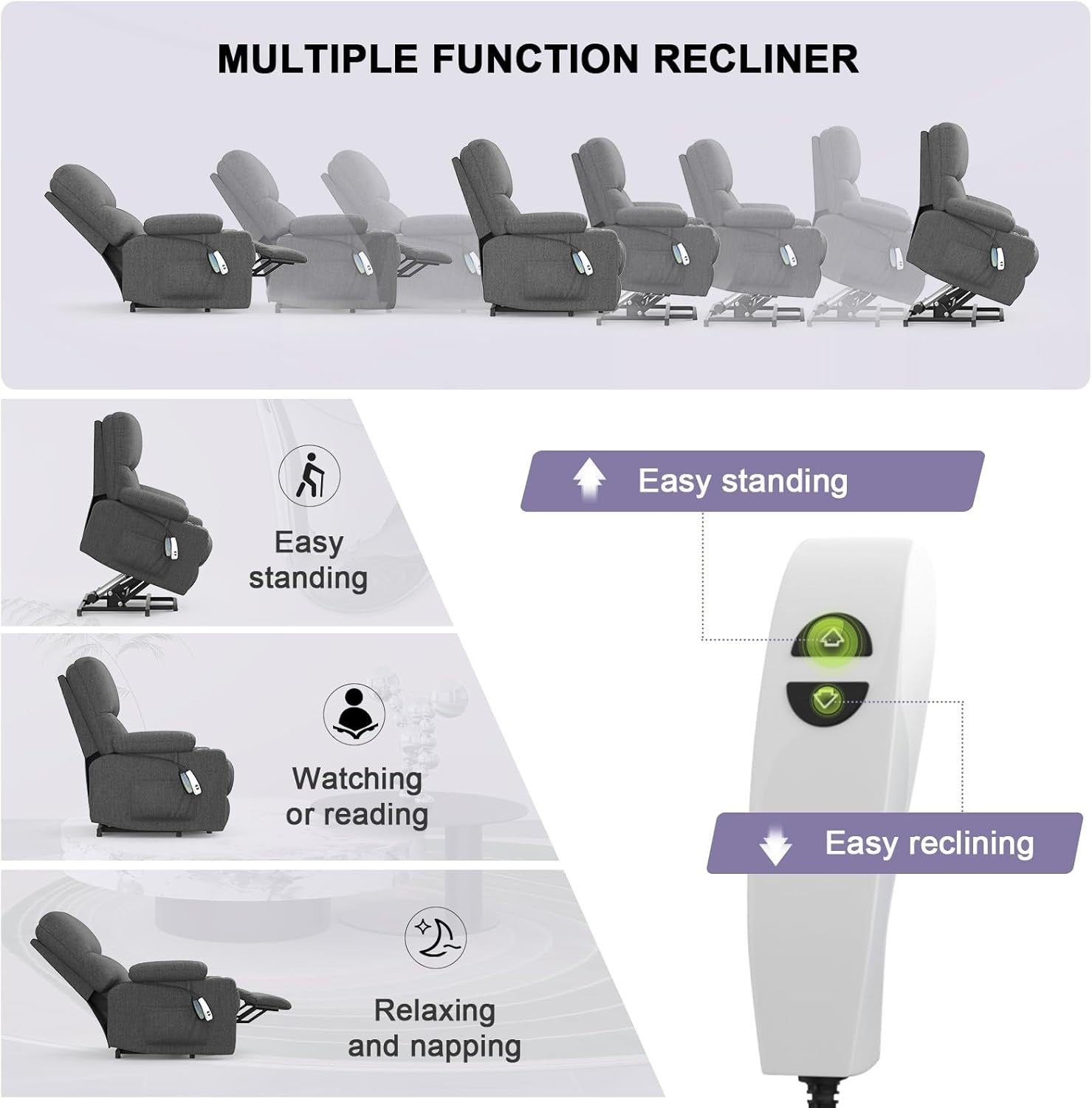 Electric Lift Recliner Chair Massage Heat Oversized w/ Footrest USB Type-C Grey