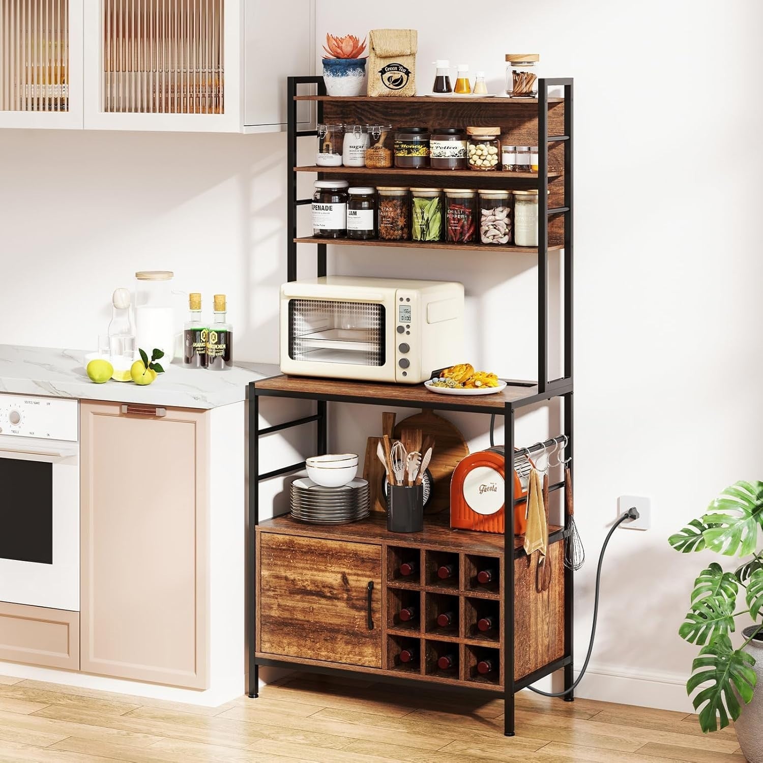 Kitchen Baker’s Rack Wine Bar Cabinet with Power Outlets, Rustic Brown Storage
