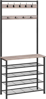 Greige Coat Rack with Shoe Bench & 9 Hooks | Industrial Hall Tree Organizer for