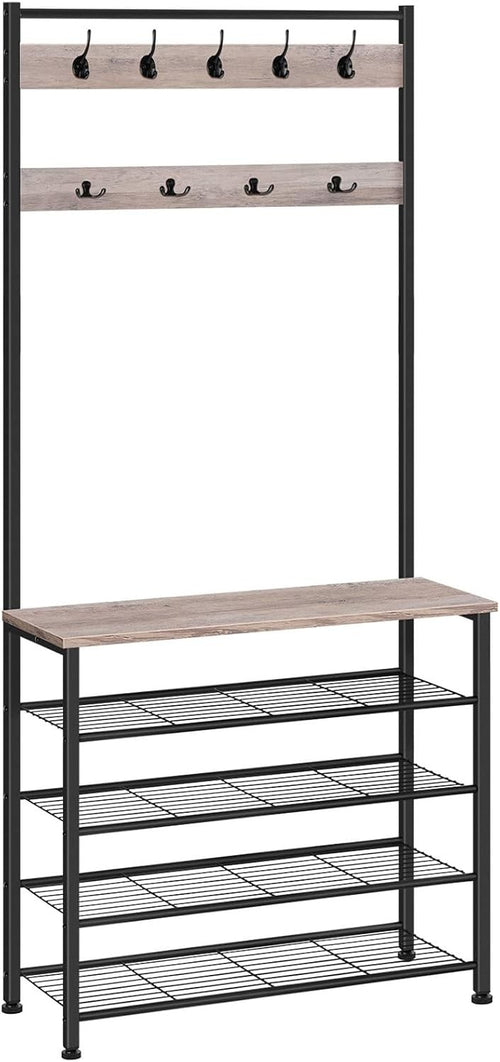 Greige Coat Rack with Shoe Bench & 9 Hooks | Industrial Hall Tree Organizer for