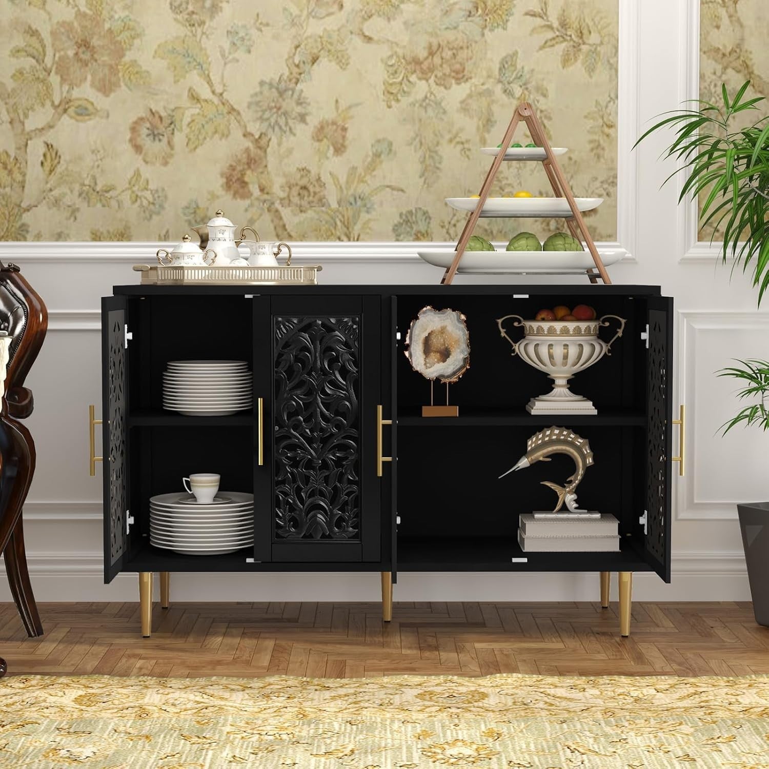 Vintage Black Sideboard Cabinet 4 Doors Hollow Carved Storage Buffet
