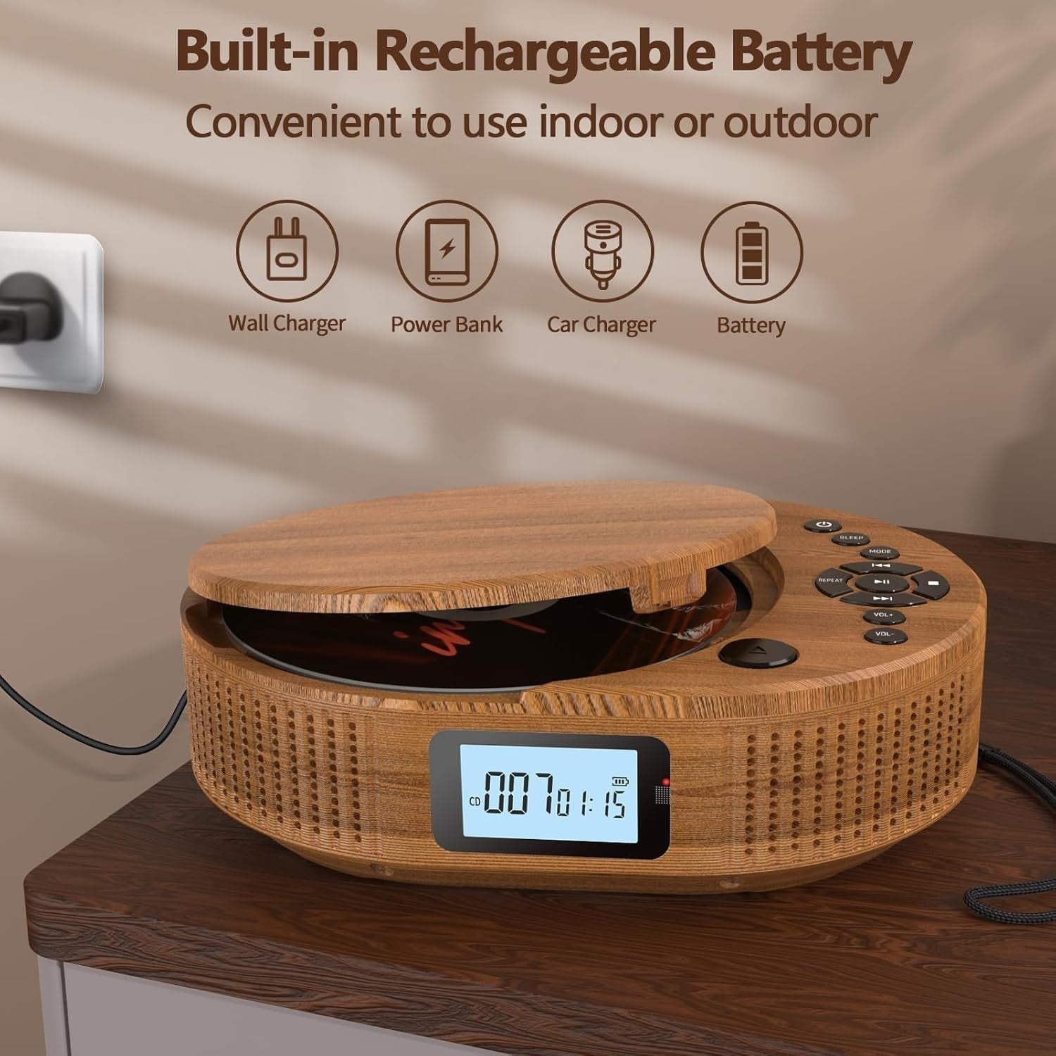 Portable CD Player Bluetooth Speaker Rechargeable FM Radio AUX USB