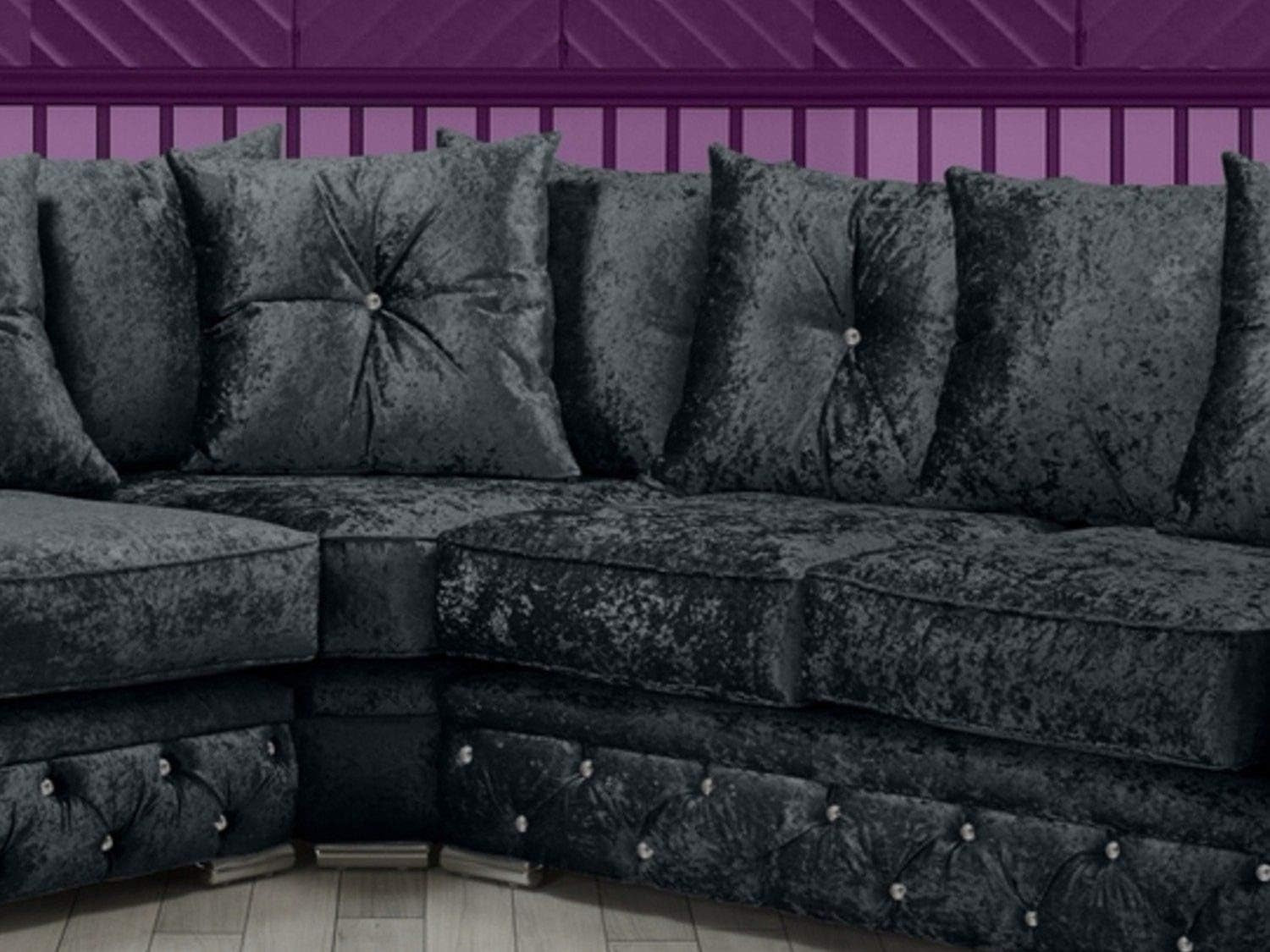 Crushed Velvet Chesterfield Corner Sofa – Black L-Shape, 220cm, UK Made
