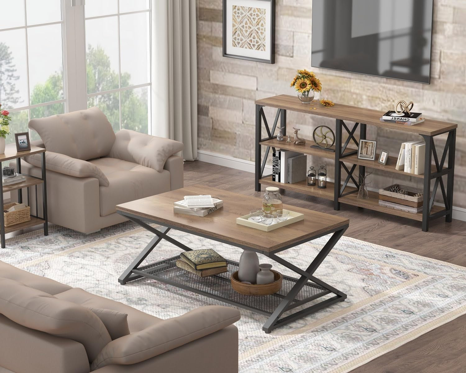 Rustic Oak Industrial Coffee Table with Mesh Shelf – 2 Tier Wooden Living Room