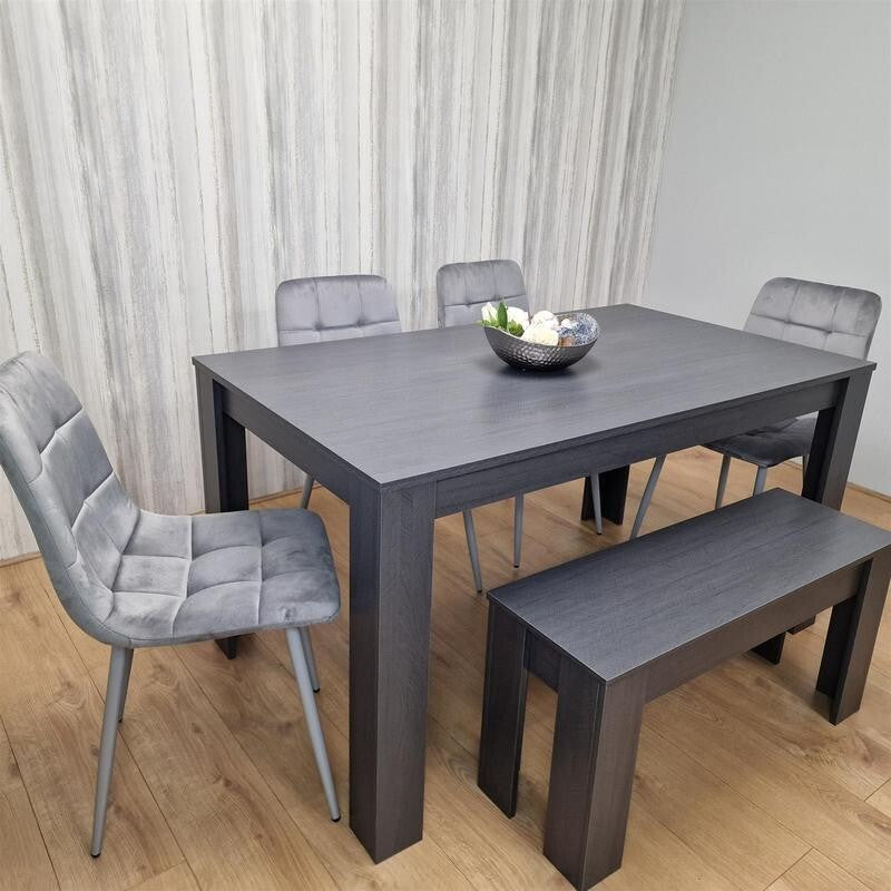 6 Seater Dining Table Set with Bench & 4 Grey Chairs – Modern Wood Effect