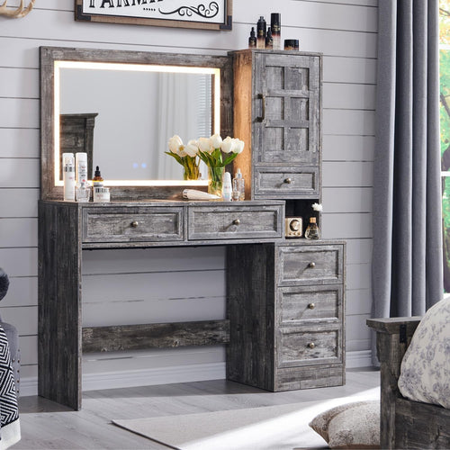 Grey Vanity Desk Makeup Table w/ LED Lighted Mirror Glass Top Storage Drawers