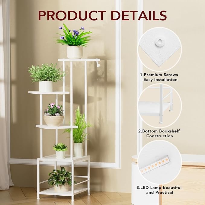 5 Tier Metal Plant Stand with Grow Light Tall Indoor Flower Shelf for Home Decor