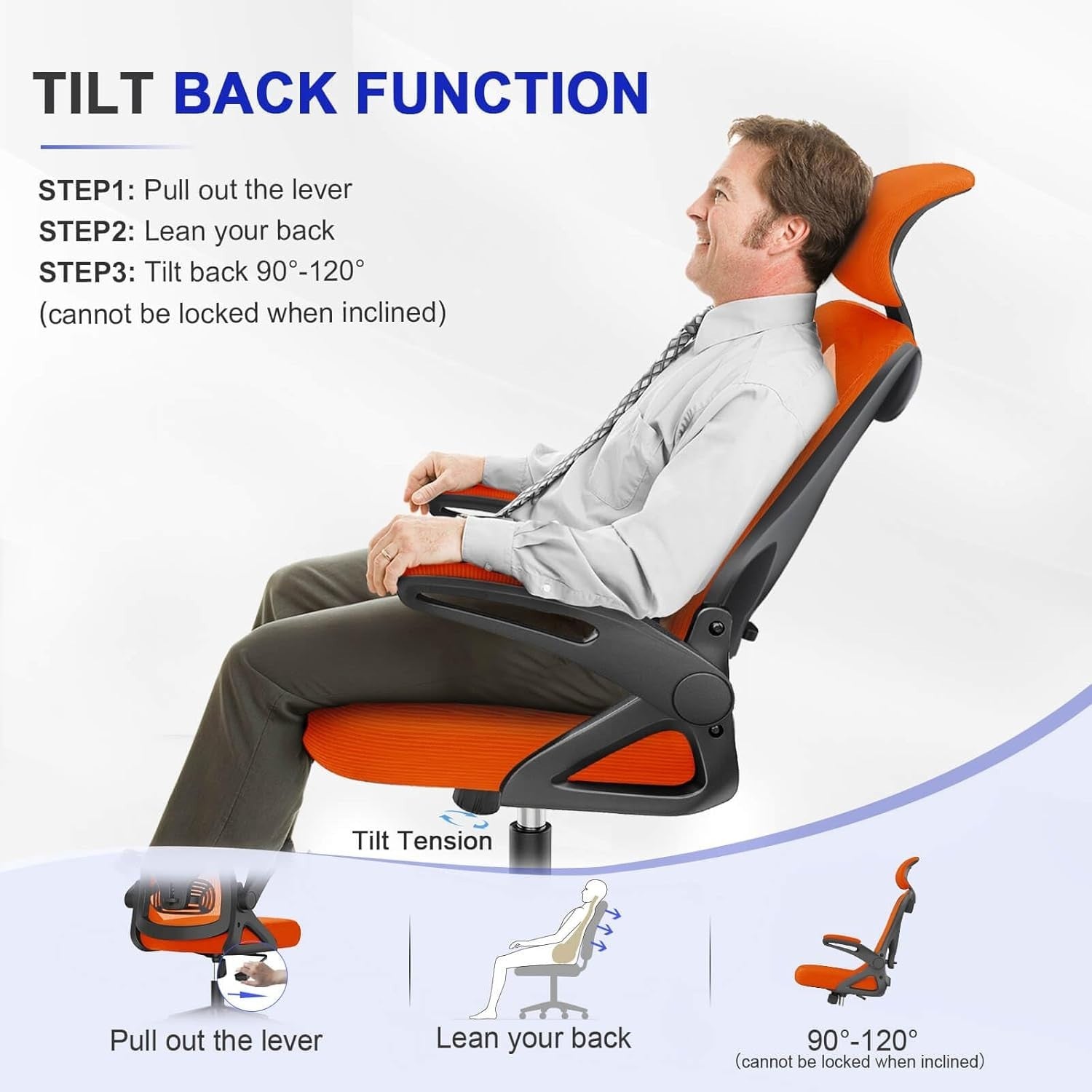 Ergonomic Office Chair High Back Mesh Flip Armrest Adjustable Lumbar Orange