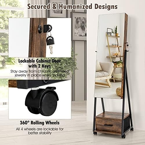 Floor Standing Jewelry Armoire Mirror Lockable Storage Drawer Wheels