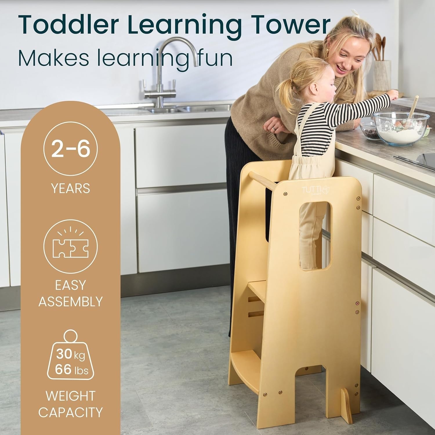 Toddler Learning Tower Stool with 3 Adjustable Heights & Anti-Tip Safety