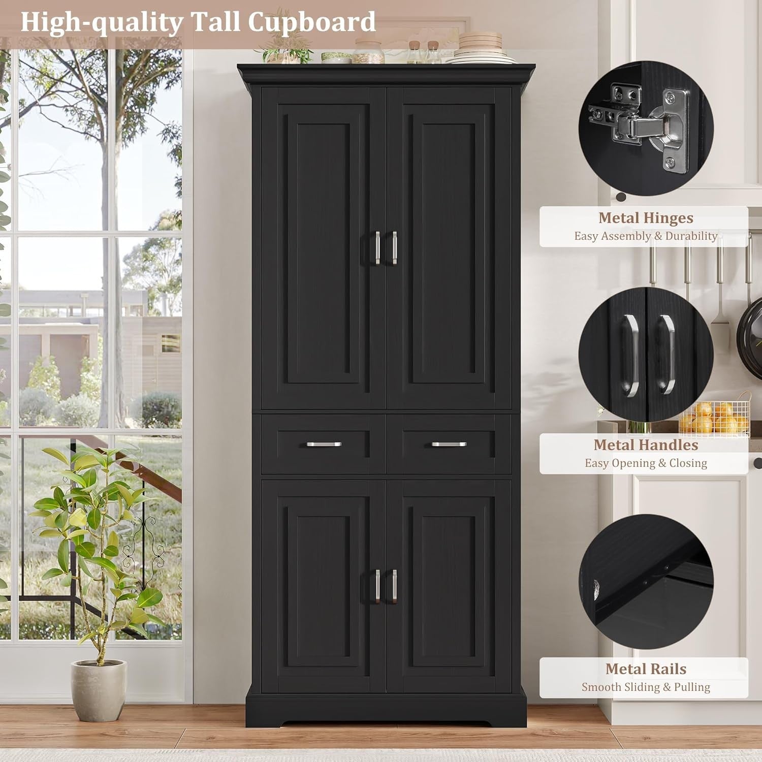 180.5cm Tall Kitchen Cupboard Black 4 Doors 2 Drawers Adjustable Shelves