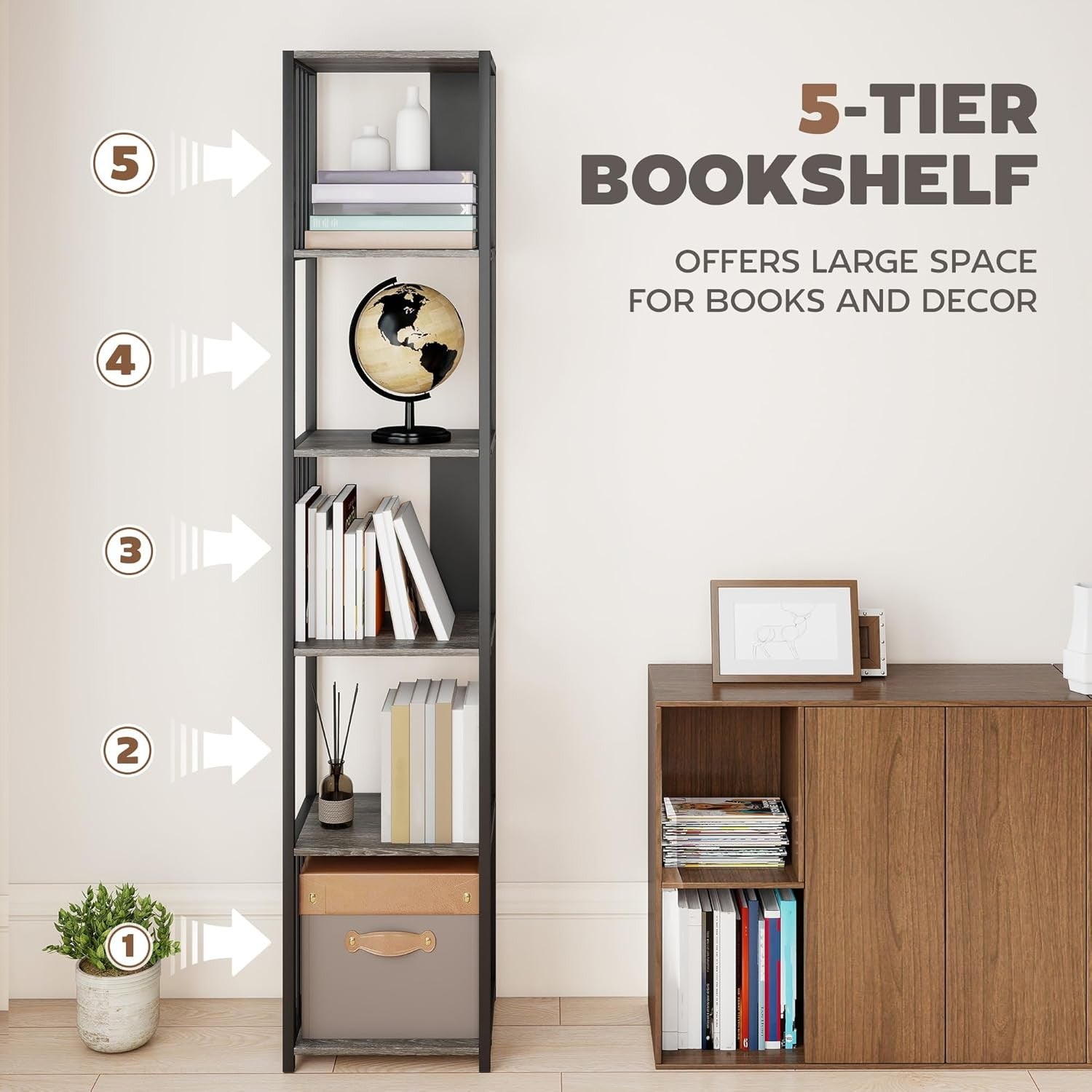 Tall 5-Tier Metal Frame Bookcase Modern Open Display Shelf Unit – Grey