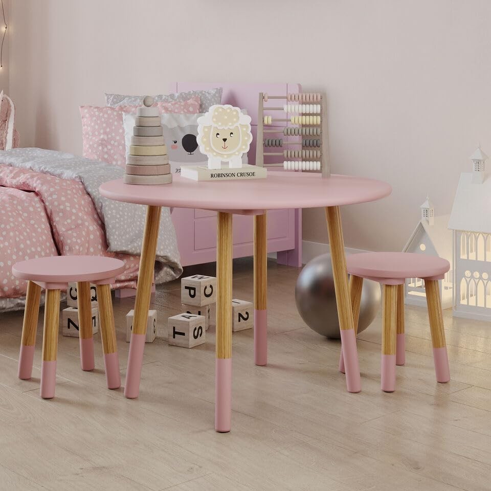 Kids Wooden Round Pink Table & 4 Chair Set, Sturdy Toddler Activity Furniture