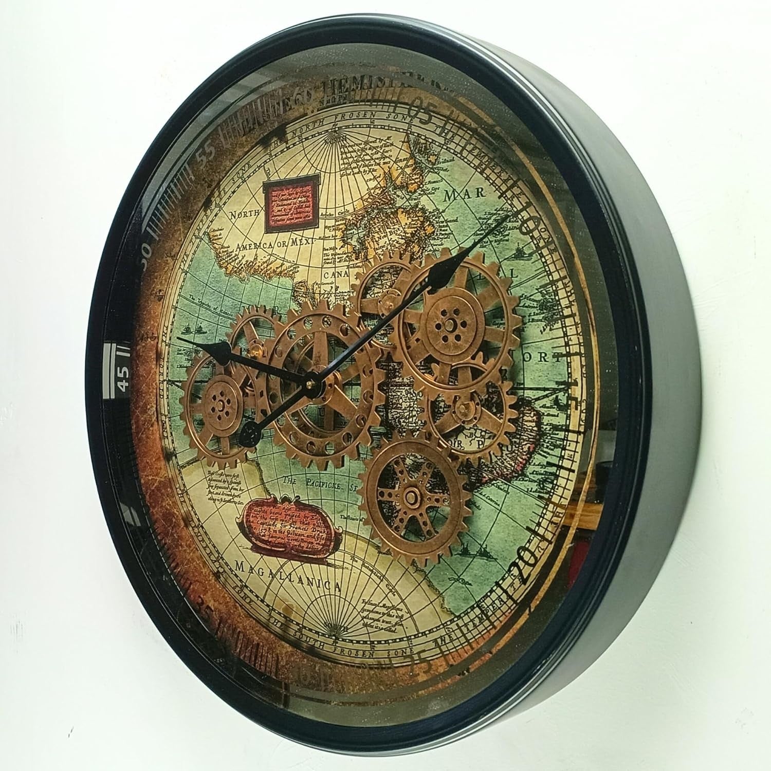 24” Moving Gear Wall Clock Vintage Retro Round Metal Map Design 60cm