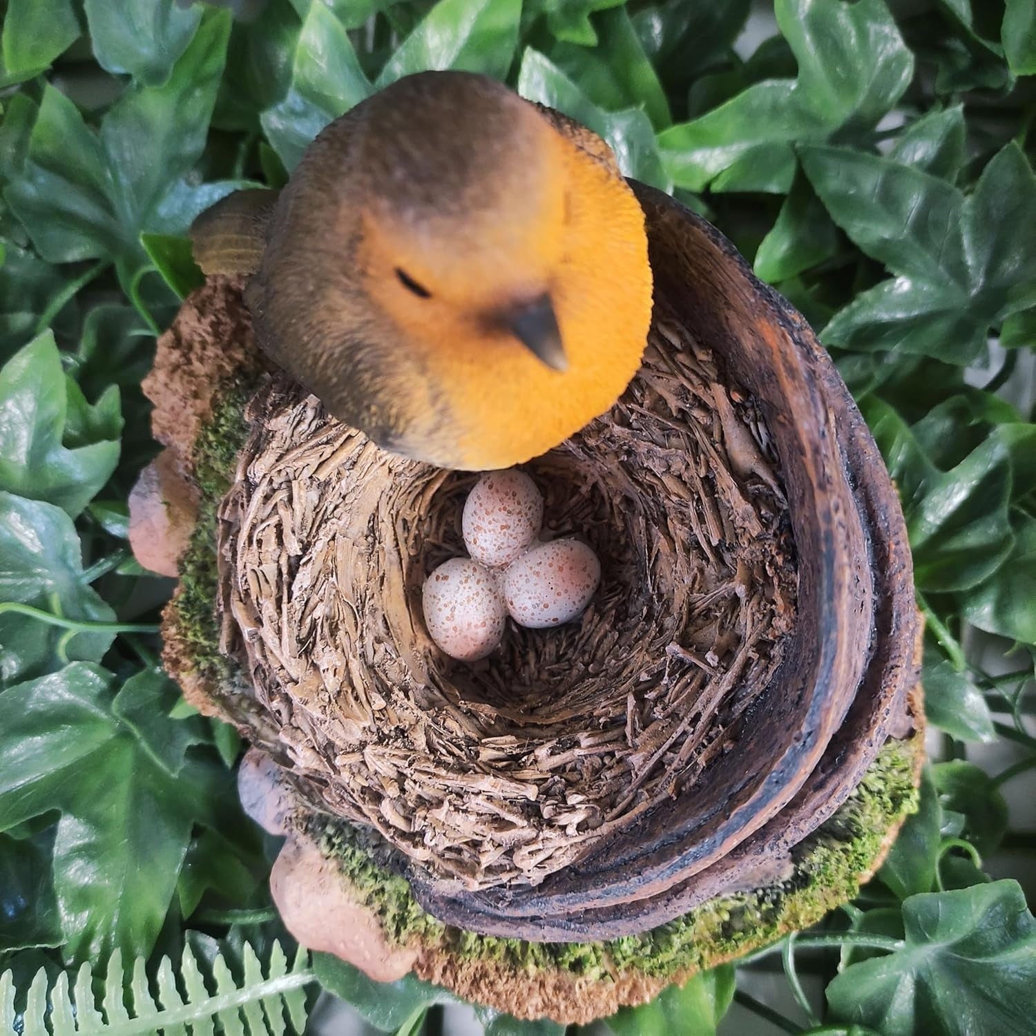 Robin Bird Ornament on Nest with Eggs • Realistic Garden Lawn Decor 16cm