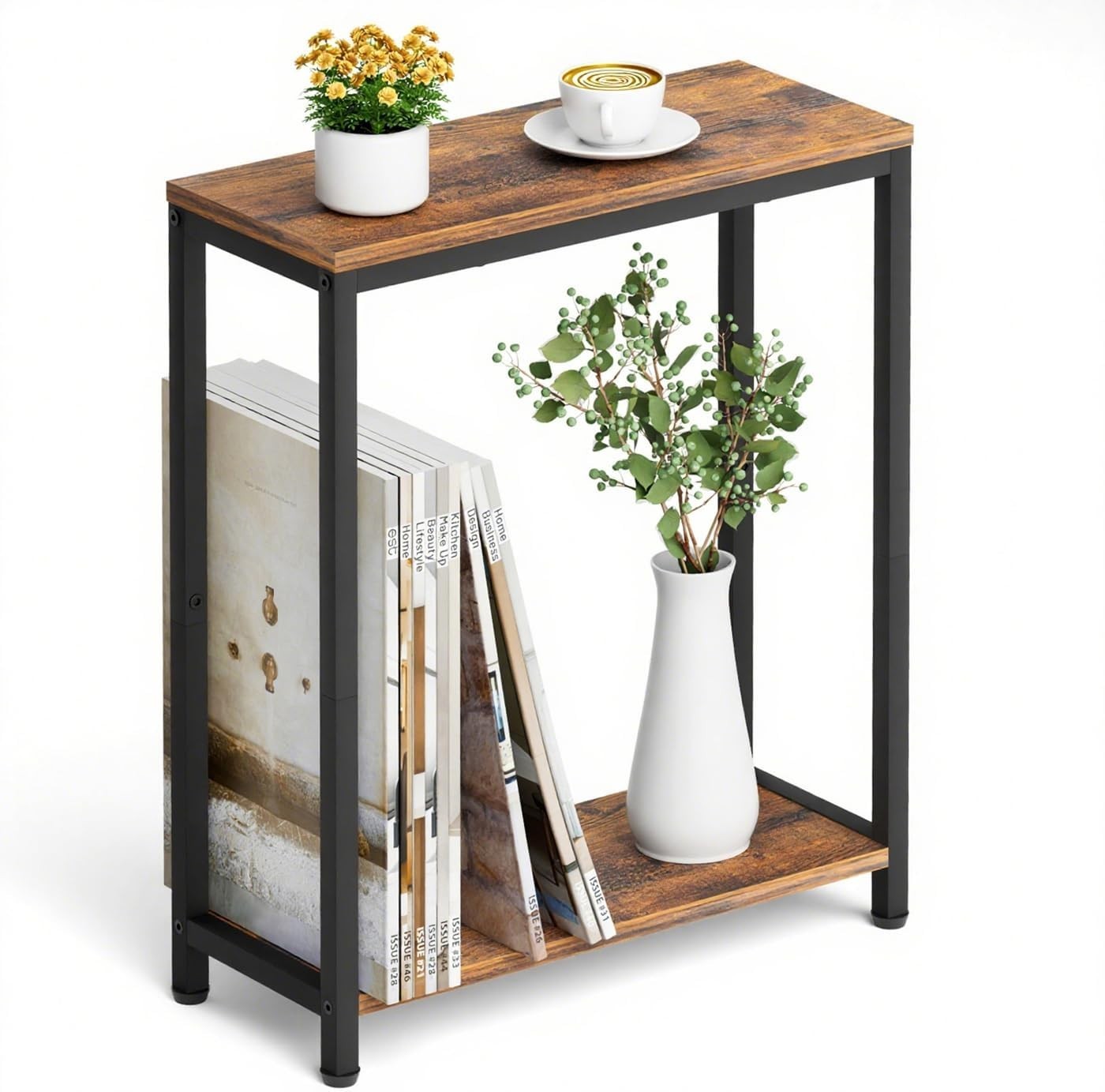 Slim 2-Tier Side Table Narrow End Table for Small Spaces with Wood Shelves