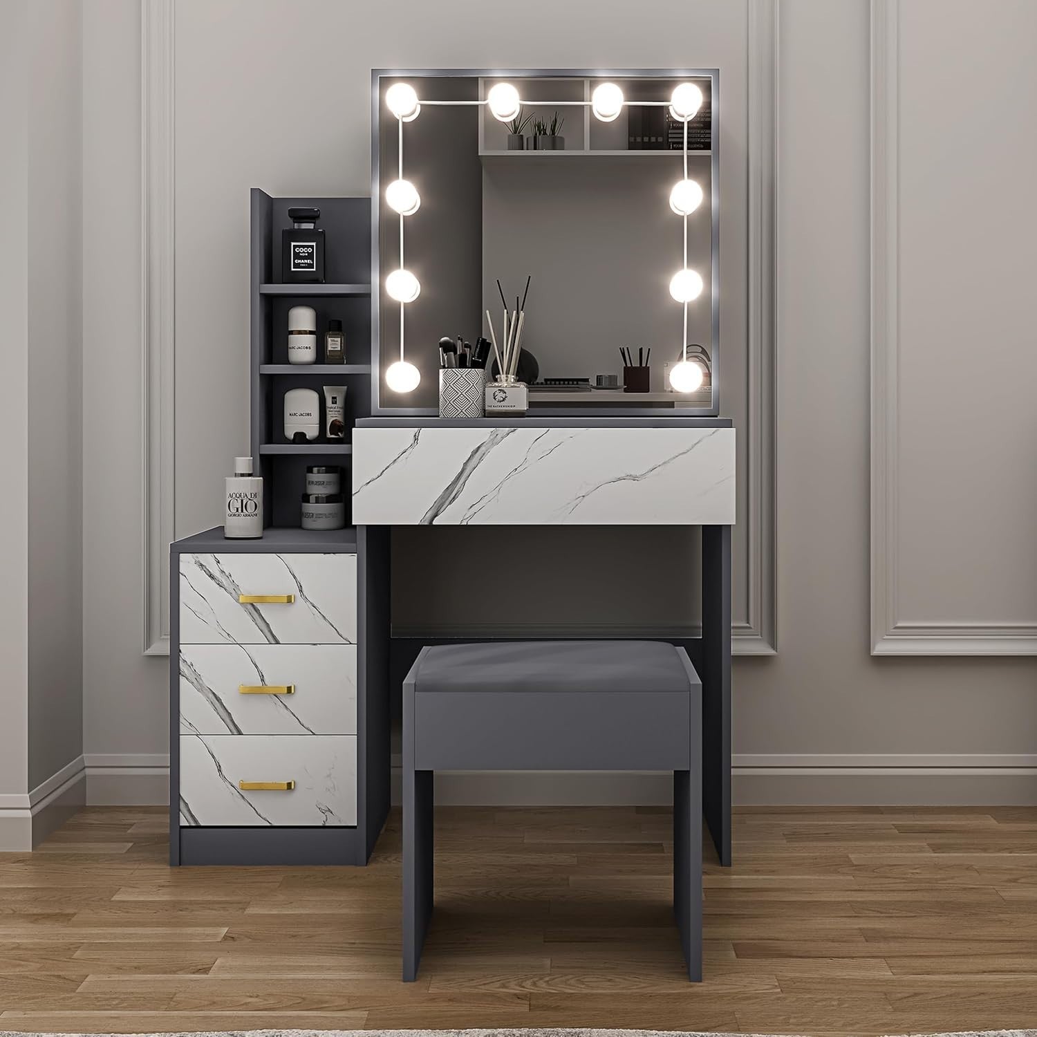 Corner Vanity Desk w/LED Mirror Lights 3 Drawers Cabinet Shelves Space Saver